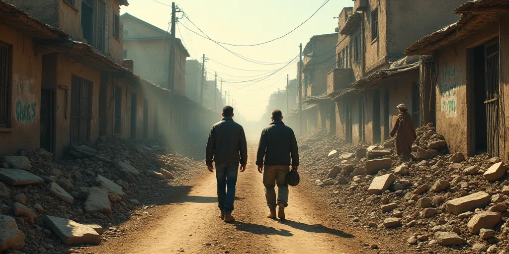 two men walking down a dirt road in a slum city with a lot of rubble on the ground, De Hirsh Margule