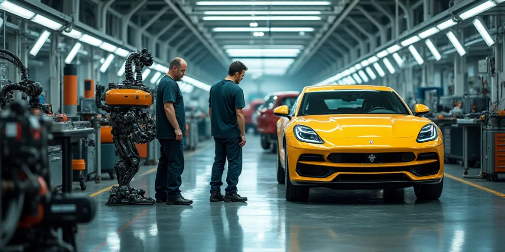 two men working on a car in a factory with a robot on the floor and a car on the assembly line, Alma