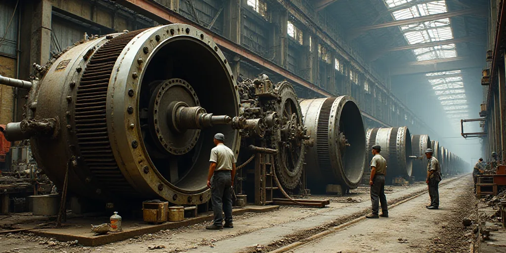 two men working on a large engine in a factory with other workers nearby on the side of the road, É