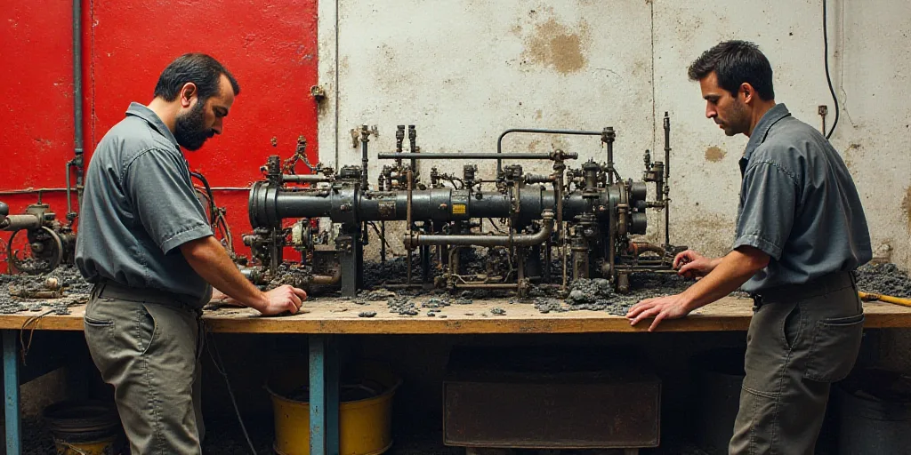 two men working on a machine in a factory with other workers nearby and a red and white wall behind