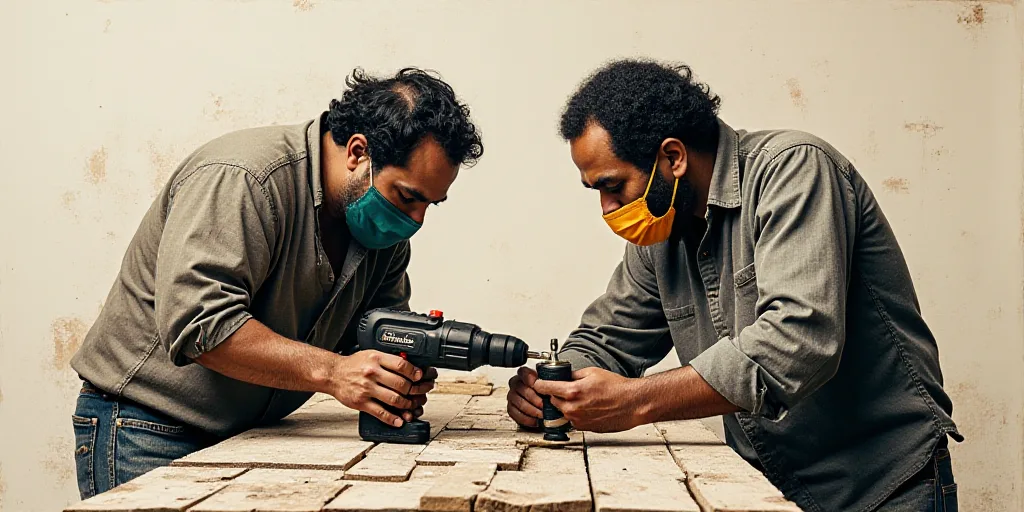 two men working on a piece of wood with a mask on and a cordless drill in his hand, Ahmed Yacoubi, o