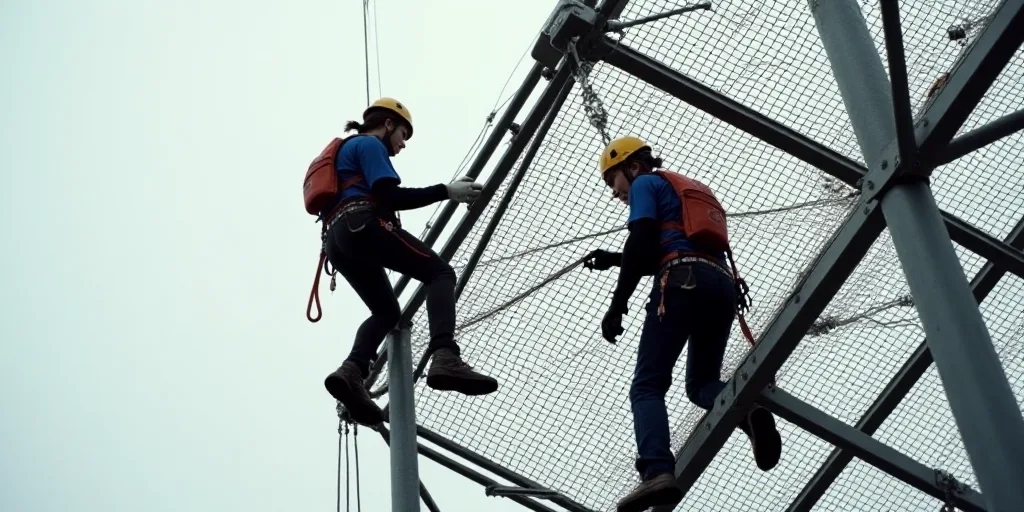 two people climbing up a metal structure with safety equipment on their feet and a helmet on their h