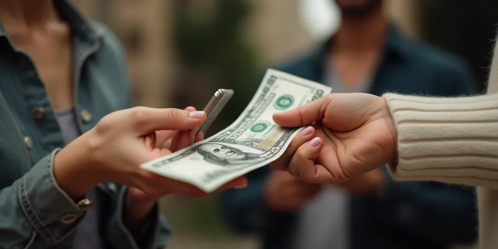 two people exchanging money in their hands with a cell phone in the background, and a woman holding