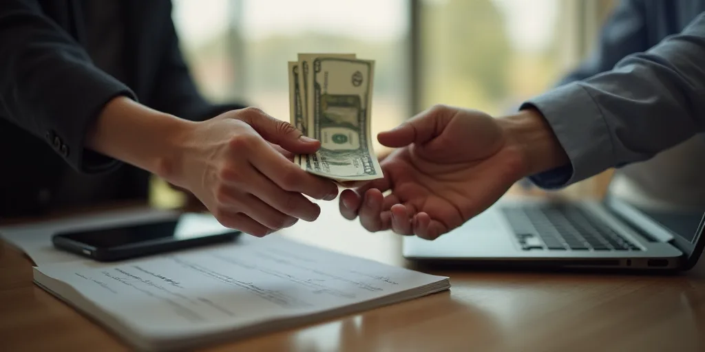 two people exchanging money in their hands on a table with a cell phone and a laptop on it,, Bouchta