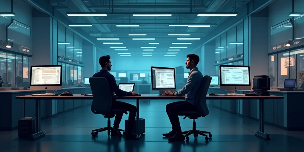 two people in a factory with computers and monitors on the wall and a laptop on the floor in front o