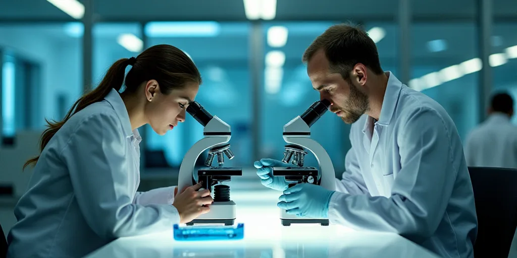 two people in white lab coats looking through microscopes at something on a table with a microscope