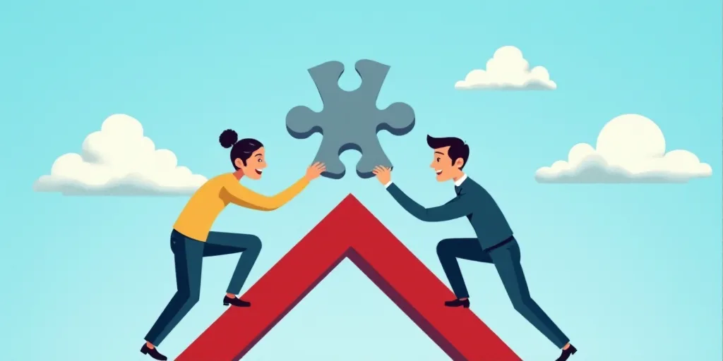 two people pushing a puzzle piece up to the top of a red arrow on a blue background with clouds, And