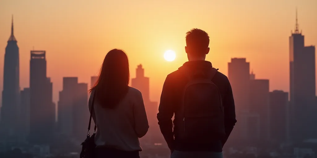 two people standing in front of a city skyline at sunset or dawn with skyscrapers in the background