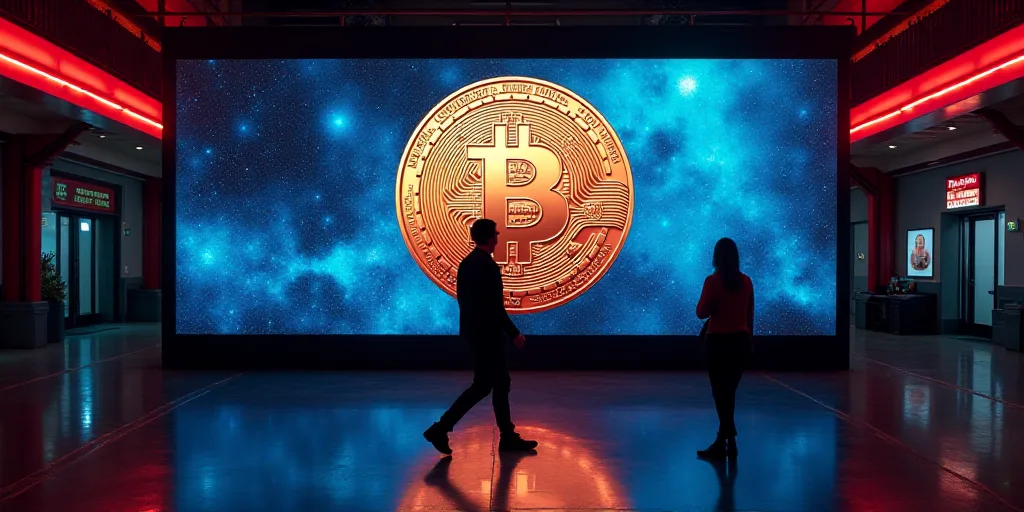 two people walking past a display of a large screen with a bit coin on it in a building with a neon