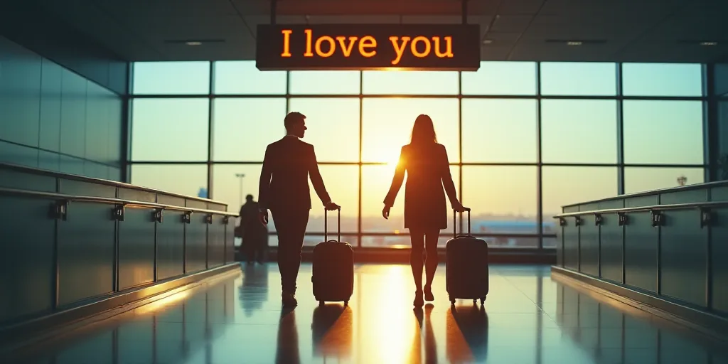 two people walking through an airport with luggage and a sign above them that says, i love you,, Col