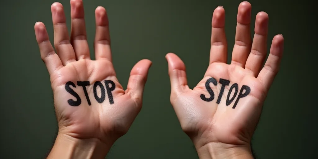 two people with their hands up with the words stop written on their palms and the words stop written