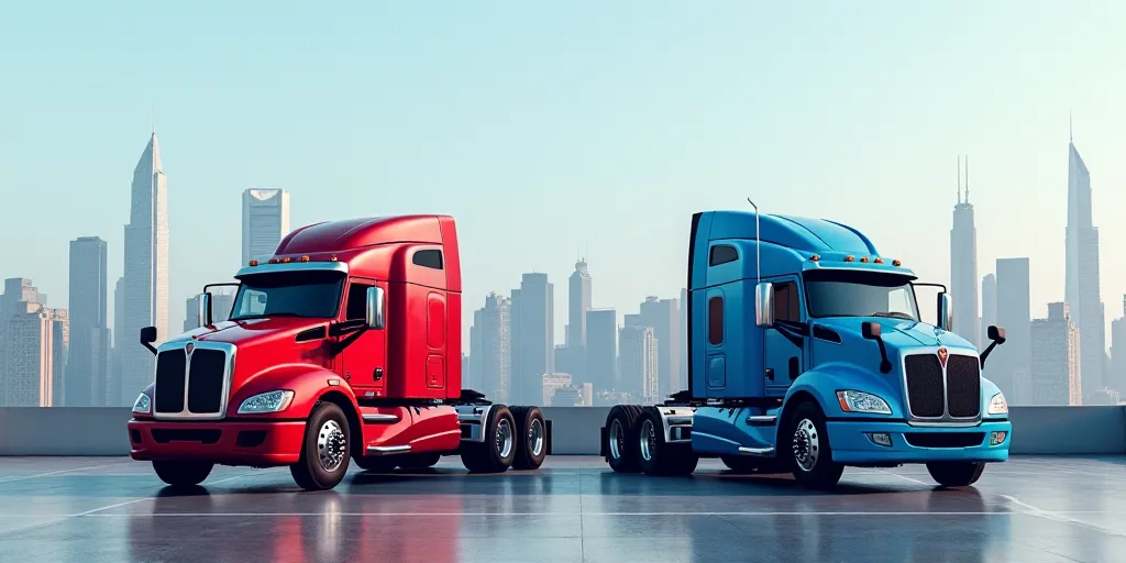 two trucks parked in front of a city skyline with skyscrapers in the background, one red and one blu