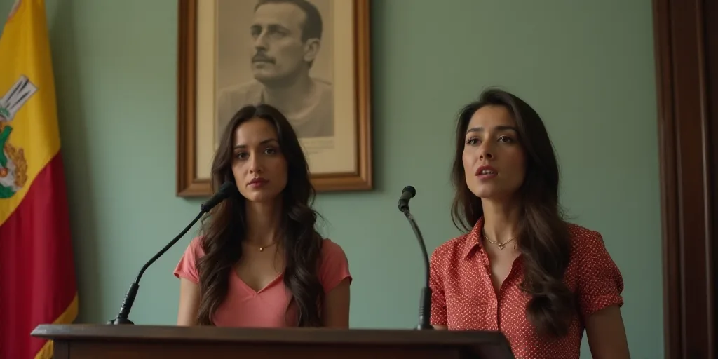 two women standing at a podium in front of a poster and a flag on a wall behind them,, Agustín Fern