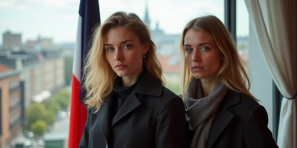 two women standing next to each other in front of a window with a flag behind them and a cityscape,