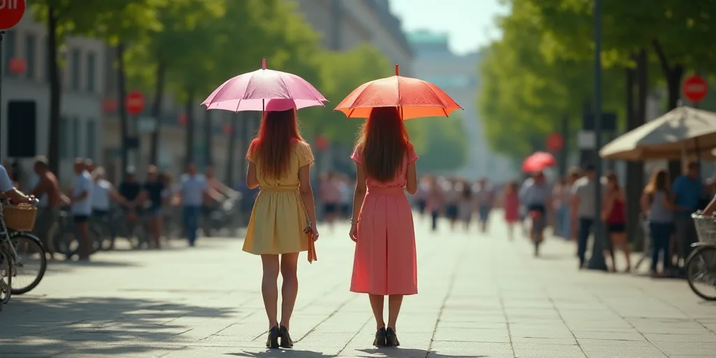 two women with umbrellas standing on a sidewalk in a city square with people on bicycles and bicycle
