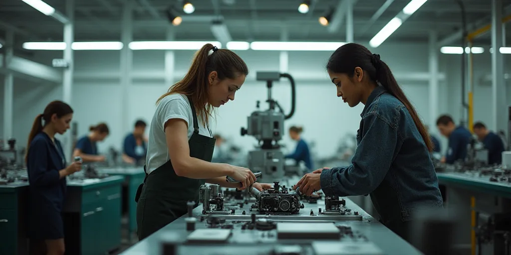 two women working on a machine in a factory with other people watching them from the sidelines of th