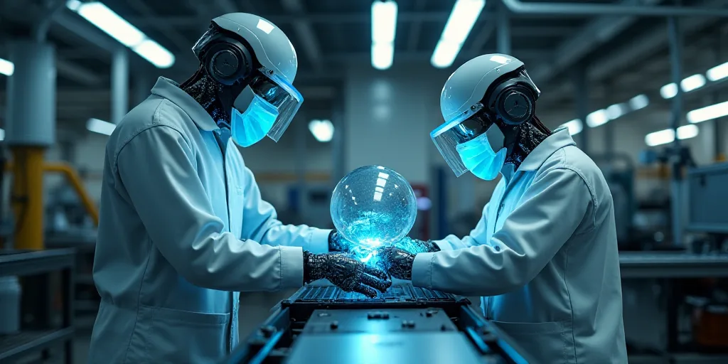 two workers are working on a machine in a factory with a protective mask on their head and a protect