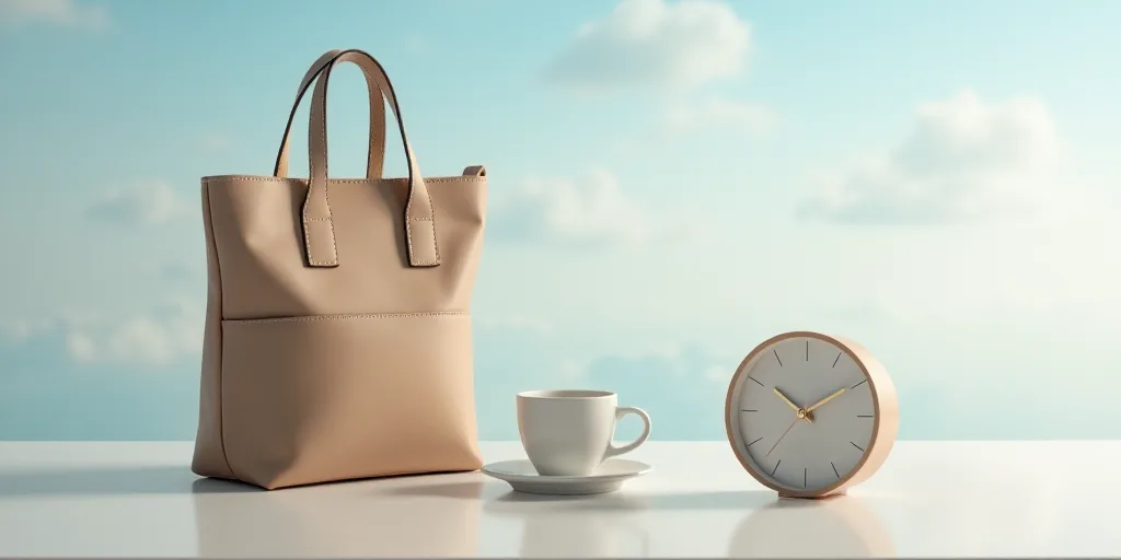 a bag, a cup, and a clock on a table with a sky background and a coffee cup, Christian Hilfgott Bran