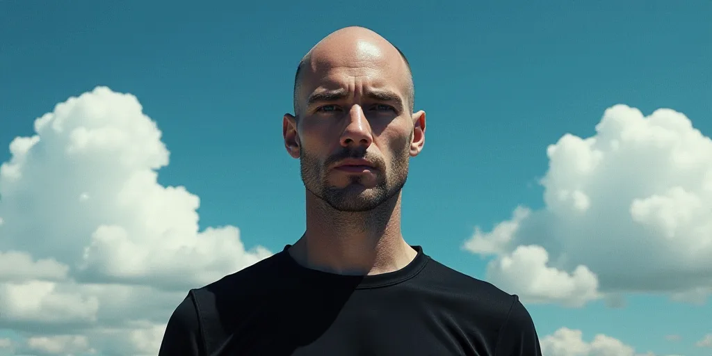 a bald man with a black shirt and a black shirt and a blue background with white clouds and a black