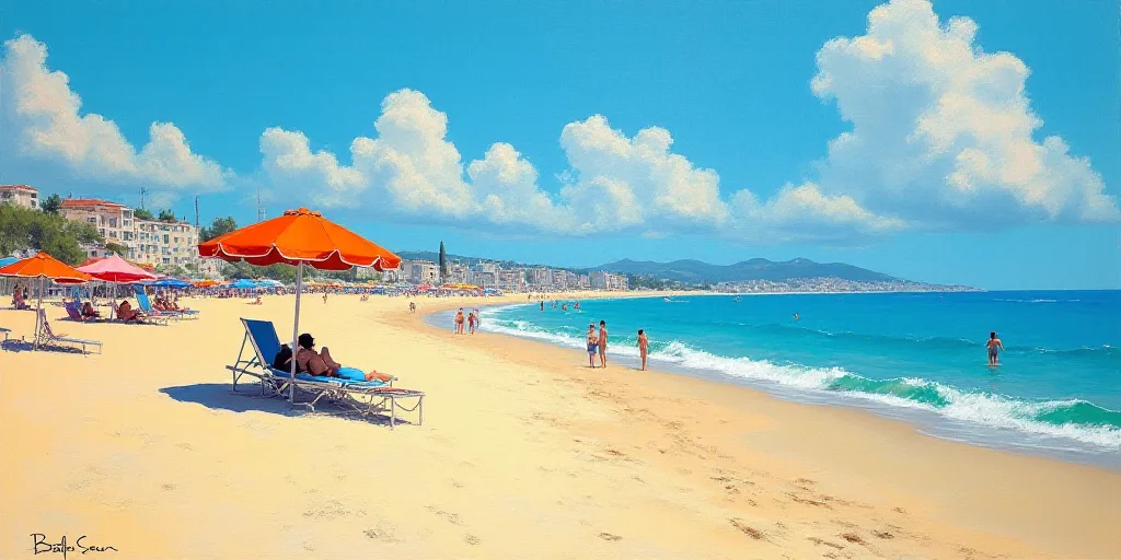 a beach with people and umbrellas on a sunny day with blue skies and blue water in the background, B