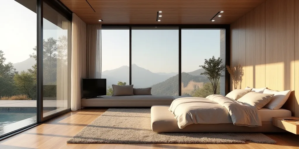 a bedroom with a couch, bed, and a television in it's corner with a sliding glass door, Enguerrand Q
