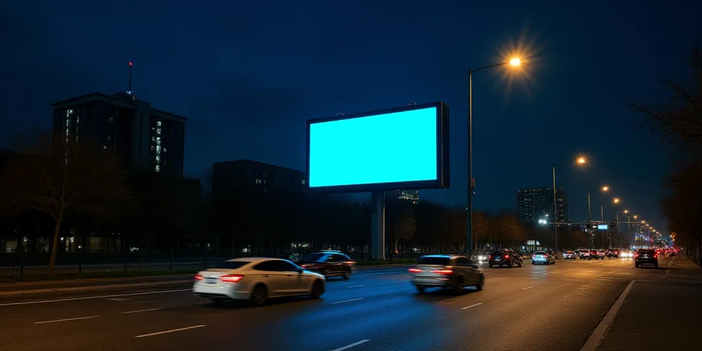 a billboard is lit up at night in a city street with cars and buildings in the background and a stre