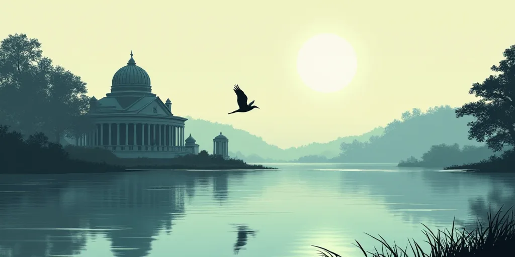 a bird flying over a body of water in front of a building with a dome on top of it, Dennis Ashbaugh,