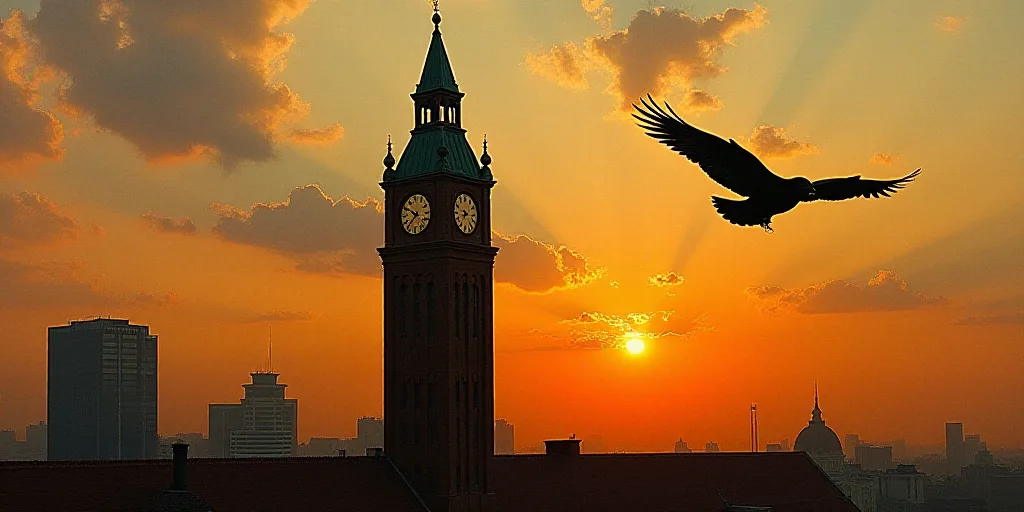 a bird flying over a tall building with a clock tower in the background at sunset or dawn with a bir