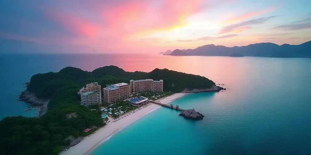 a bird's eye view of a beach resort and resort in the ocean with a colorful sky in the background, C