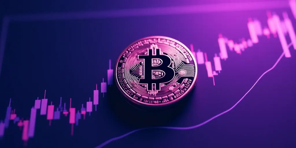 a bitcoin on a stock chart with a purple background and a blue and purple background with a line gra