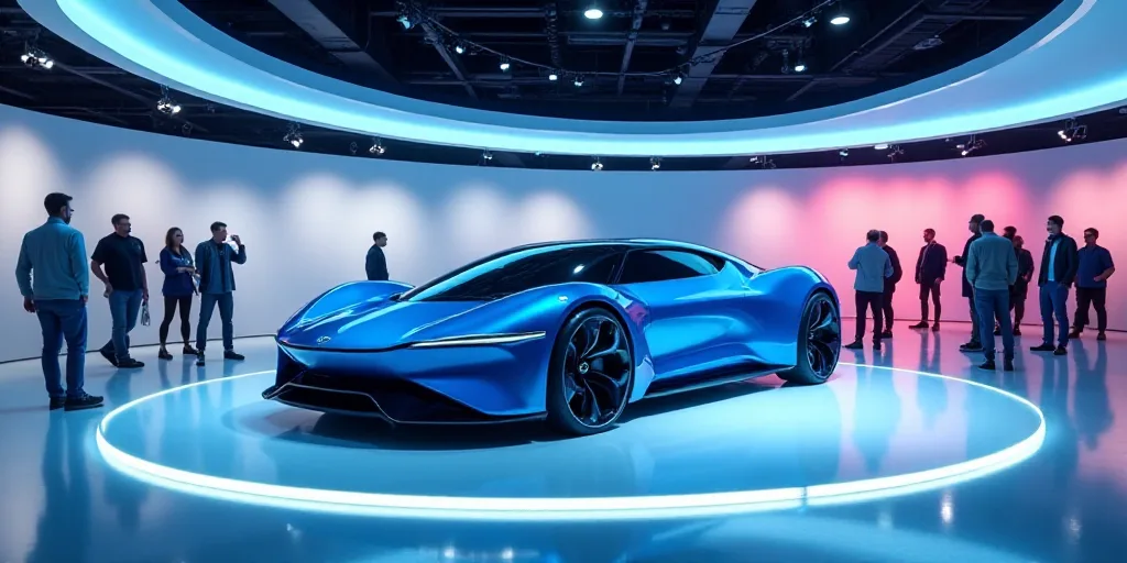 a blue car is on display at a showroom with people looking on and looking at it's display, Dahlov Ip
