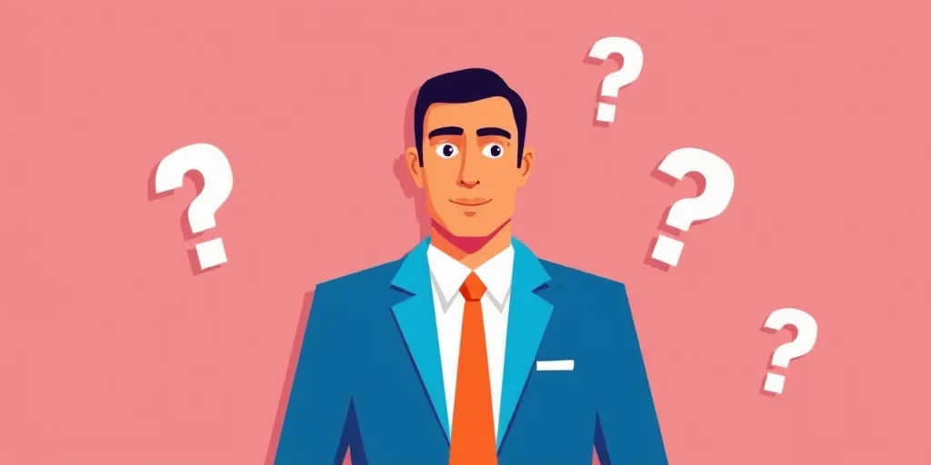 a blue jacket with a white shirt and orange tie on a pink background with question marks on it and a