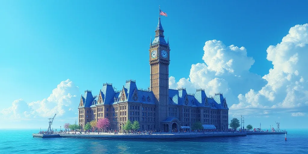 a blue picture of a building with a clock tower and a flag on it's side and a blue sky with clouds,