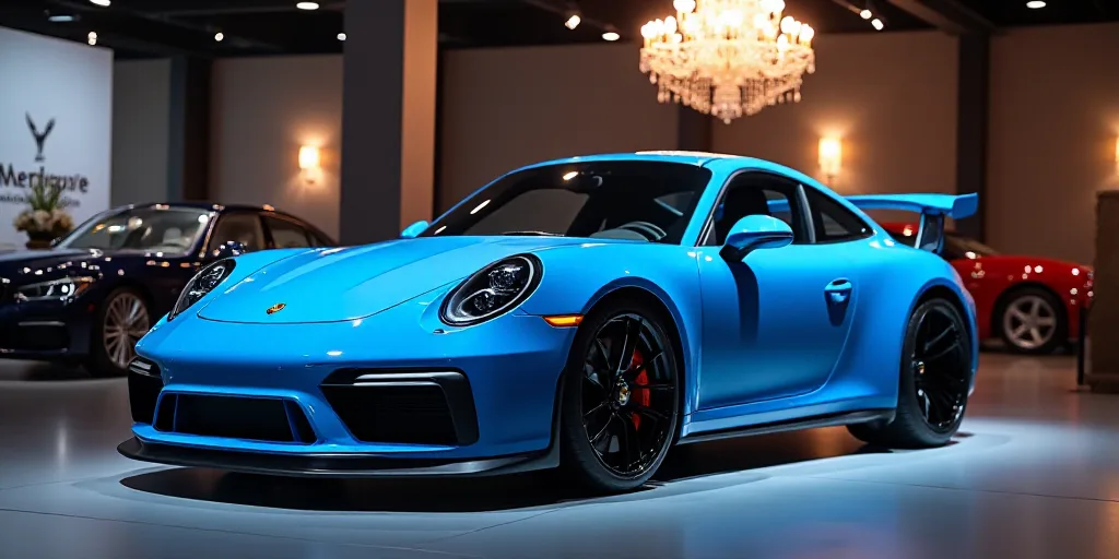 a blue porsche sports car on display at a showroom with a chandelier hanging from the ceiling, An Gy
