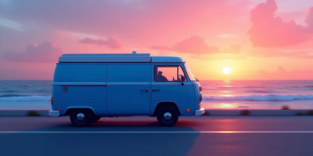 a blue van driving down a road next to the ocean at sunset or dawn with a view of the ocean, Ai-Mits