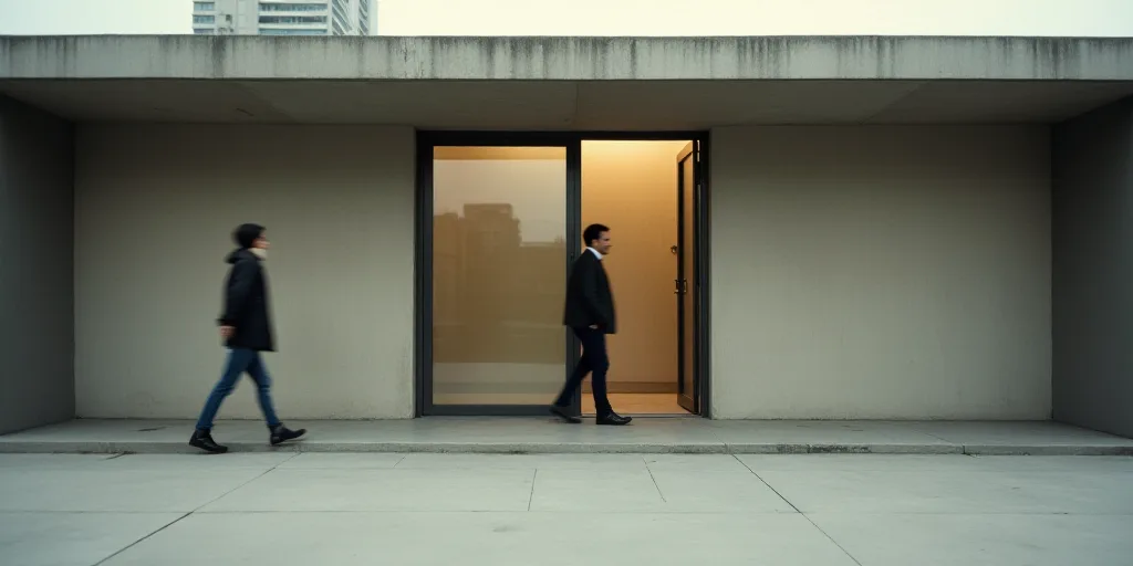a blurry photo of a building with a person walking in front of it and a person walking out the front
