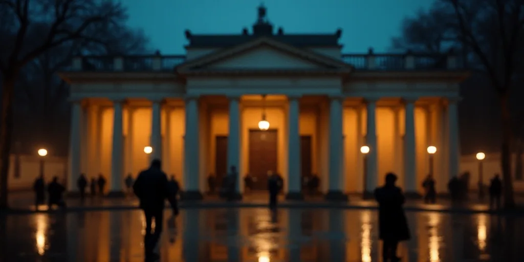 a blurry photo of a building with columns and people walking in the rain outside it at night time, C