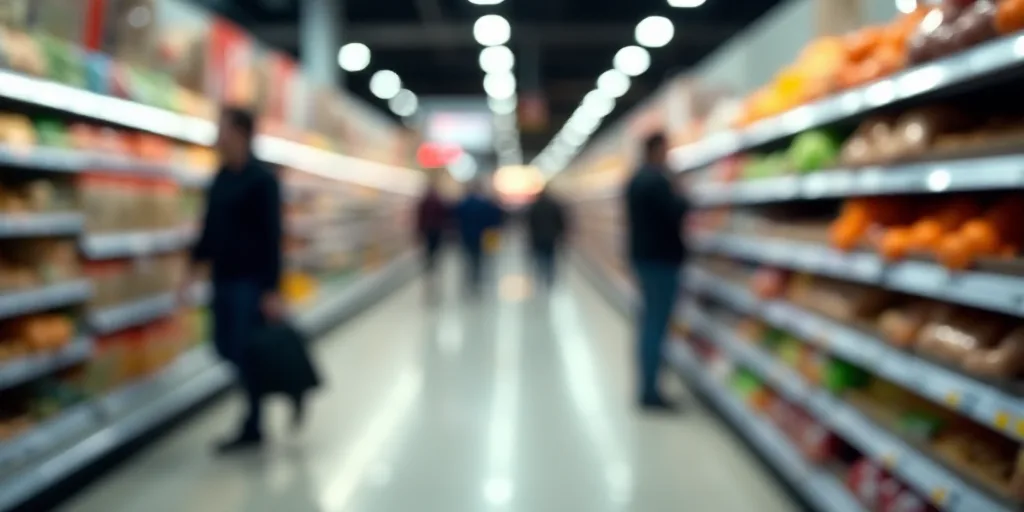 a blurry photo of a grocery store aisle with people walking by it and a row of shelves with food, An