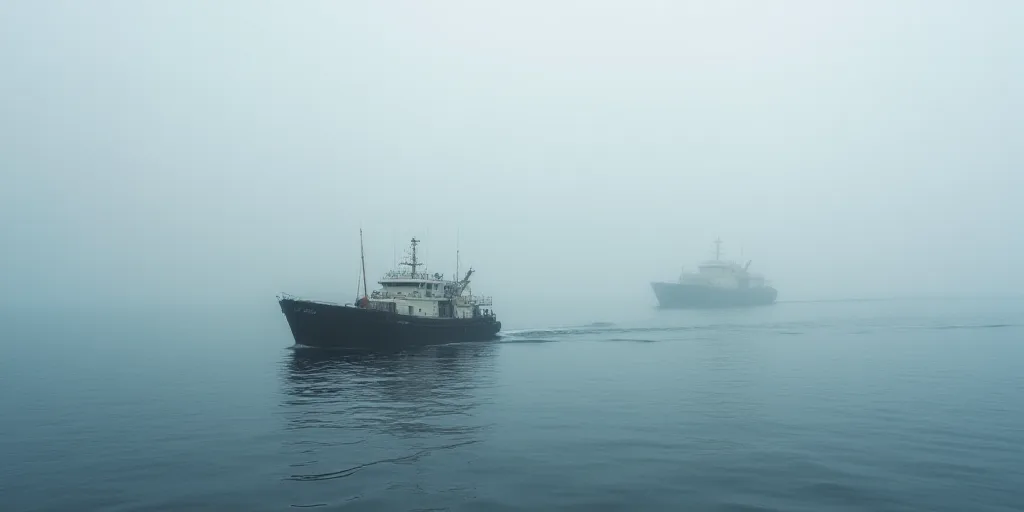a boat in the ocean with a boat in the background in the foggy weather with a boat in the water, And