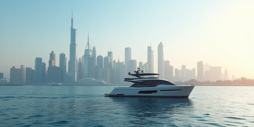 a boat is in the water near a city skyline with skyscrapers in the background, with a boat in the fo