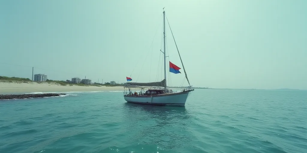 a boat with a flag on it floating in the ocean near a shore line with a flag on it, Ann Thetis Black