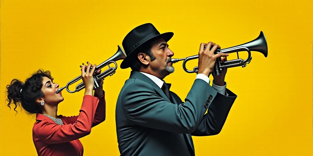 a book cover with a man playing a trumpet and a woman playing a trumpet in front of a yellow backgro