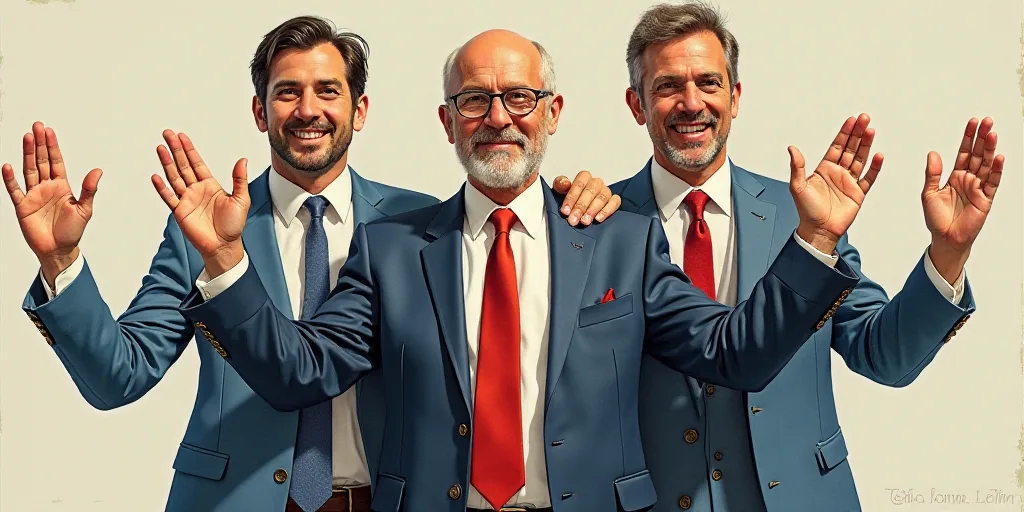 a book with two men in suits and one man in a suit and tie, with their hands up, Antonie Palamedesz,