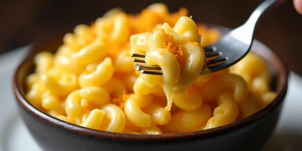 a bowl of macaroni and cheese being lifted with a fork from a bowl of macaroni and cheese, Chippy, p