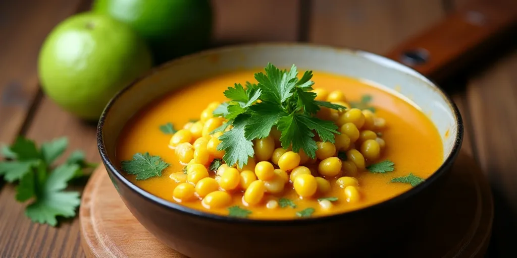 a bowl of soup with corn and cilantro on a wooden table with limes and limes, Ceferí Olivé, profes