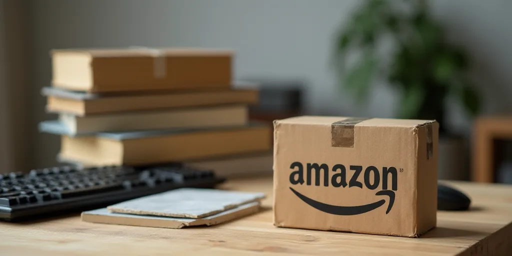 a box of amazon sitting on top of a table next to a stack of books and a keyboard on top of it, Avgu