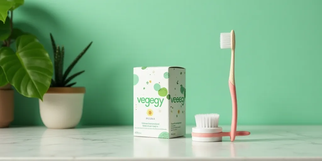 a box of vegegy plus and a toothbrush on a counter top with a green wall behind it, Aquirax Uno, pro