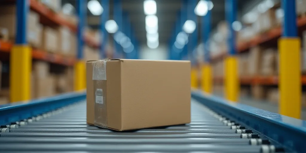 a box sitting on top of a conveyor belt in a warehouse with yellow and blue racks behind it, Andries