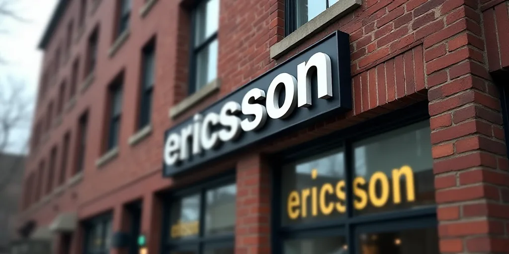 a brick building with a sign that says ericsson on it's side and windows below it that reads ericsso