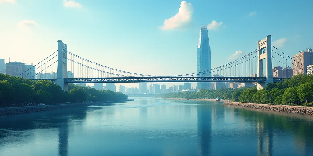 a bridge over a river with a city in the background and a tall building in the distance with a sky l
